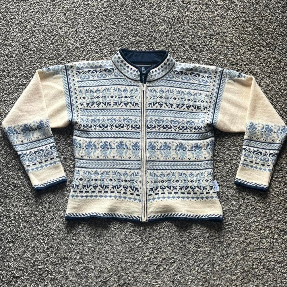 Dale of Norway Womens Small Blue Cream Fair Isle Wool Full Zip Cardigan Sweater